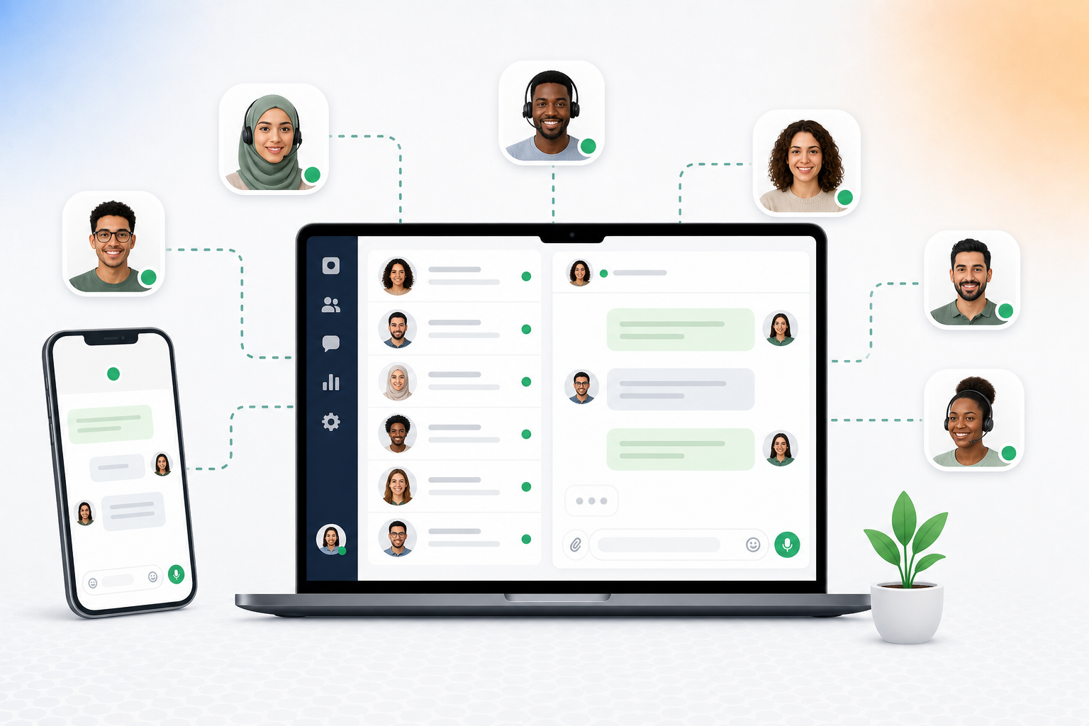 Équipe support distribuée travaillant à distance avec outils collaboratifs